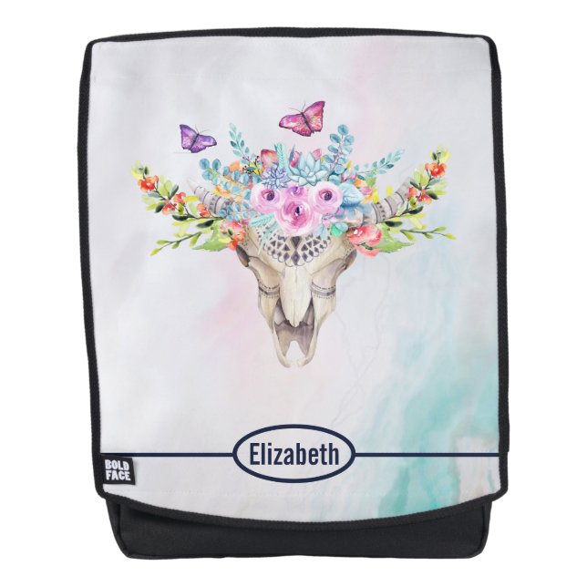 Sac À Dos Crâne animal Boho avec papillons et fleurs (Devant)