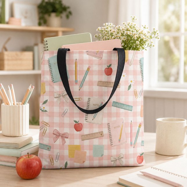 Sac à dos d'enseignant à carreaux roses aquarelle  (Créateur téléchargé)