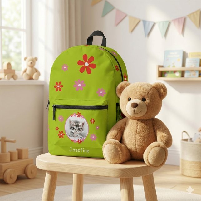 Sac à dos enfant vert avec photo - Fleurs - rose r (Grüner Kinderrucksack mit roten und rosa Blumen, personalisierbar mit Name und Foto)
