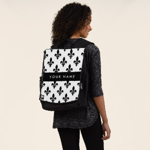 Sac À Dos Fleur de Lis, Noir sur Blanc, Noir, Votre Nom