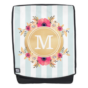 Sac À Dos Fleurs d'aquarelle à la menthe Faux or Monogramme