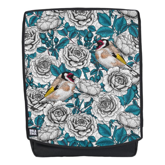 Sac À Dos Fleurs de roses blanches et oiseaux d'or (Devant)