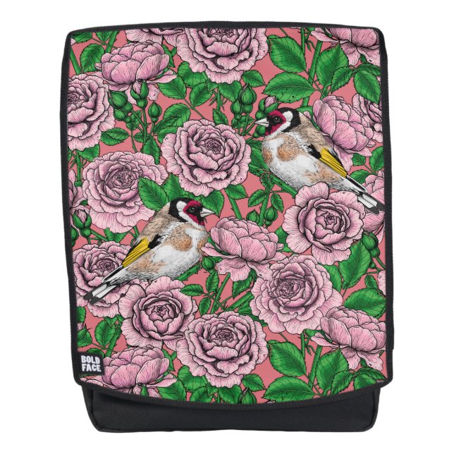 Sac À Dos Fleurs roses roses et oiseaux dorés (Devant)