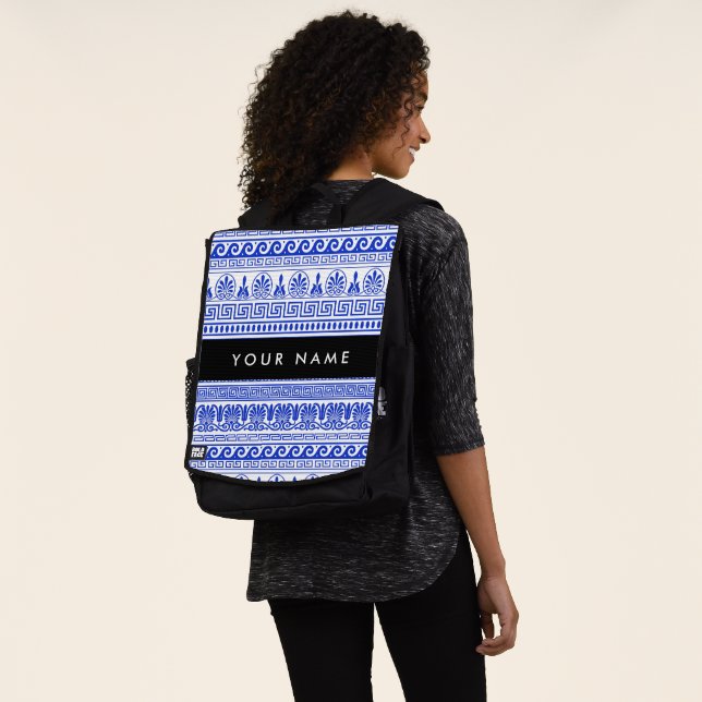 Sac À Dos Fret grec, Clé de méandre mixte, Bleu, Votre Nom (Porté)