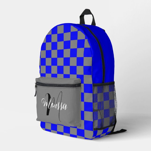 Sac À Dos Imprimé à damiers couleur gris bleu - Nom initial Monogram (Coin arrière droit)
