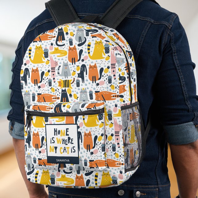 Sac À Dos Imprimé Accueil est là où mon chat est Motif Nom monogramm (Créateur téléchargé)