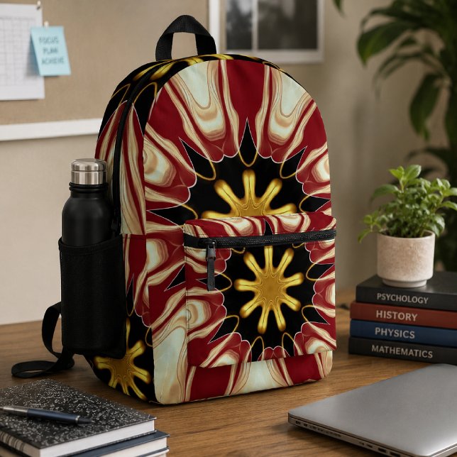 Sac À Dos Imprimé Achempong : Starburst | Luxe Deep Crimson et Or (Bold crimson and gold starburst backpack designed for style, study, travel, and everyday use.)