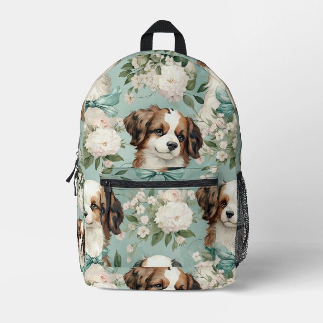 Sac À Dos Imprimé Adorable chiot sur Sage Green Arrière - plan (Recto)