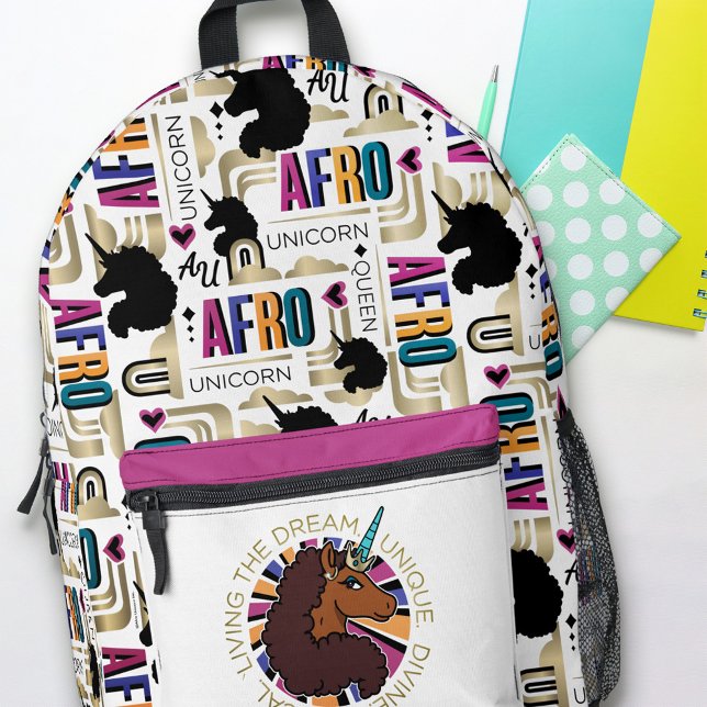 Sac À Dos Imprimé Afro Unicorn Living the Dream Design (Backpack on desk)