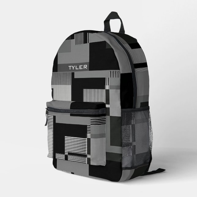 Sac À Dos Imprimé Ajouter le nom Black & Grey Abstrait Modern Minima (Coin arrière droit)