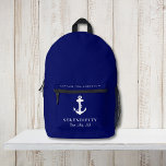 Sac À Dos Imprimé Ancre nautique Capitaines Marine Blue<br><div class="desc">Sac à dos bleu marine pour garder vos articles de bateau ensemble avec une ancre blanche classique,  le nom et l'emplacement de votre bateau,  et une ligne de texte supplémentaire pour le nom du capitaine ou de la famille.</div>