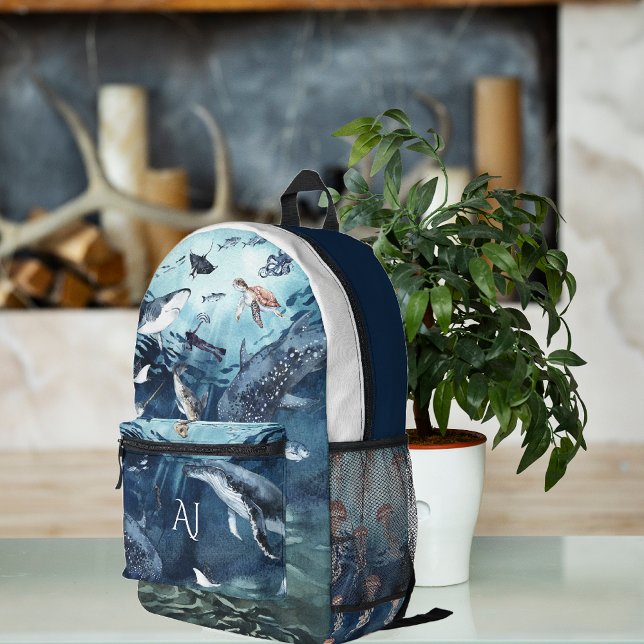 Sac À Dos Imprimé Animaux de l'océan à l'aquarelle | Monogramme (Créateur téléchargé)