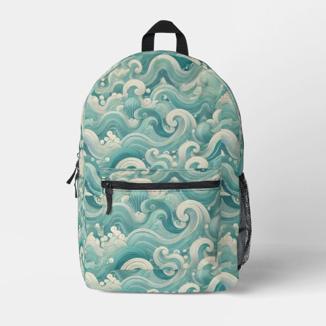 Sac À Dos Imprimé Aqua Blue & White Wave Abstraite - Art moderne Flu (Recto)