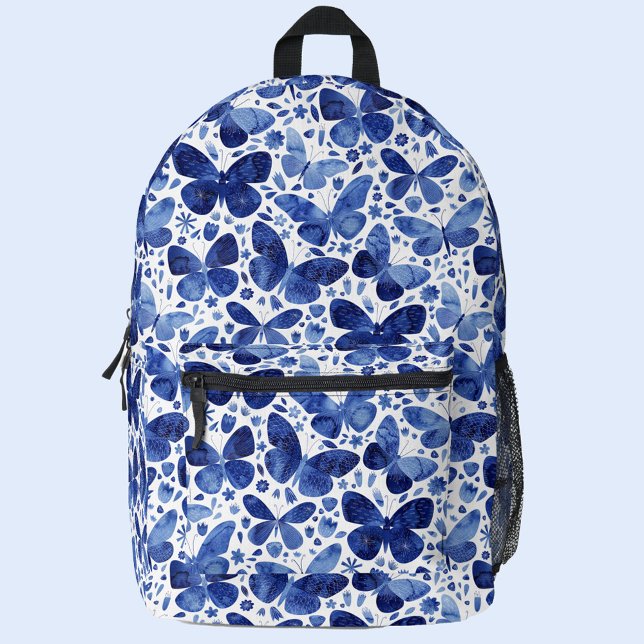 Sac À Dos Imprimé Aquarelle bleu papillon (Navy indigo blue and white watercolor butterfly pattern backpack)