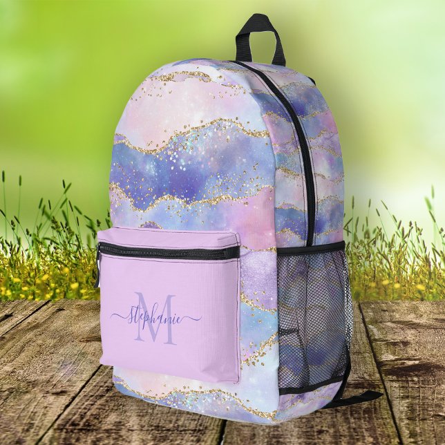 Sac À Dos Imprimé Aquarelle bleue personnalisée Parties scintillant  (Personalized Blue Watercolor Gold Glitter Agate Printed Backpack)