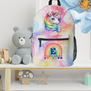 Sac À Dos Imprimé Aquarelle Cute Rainbow Unicorn Nom du monogramme