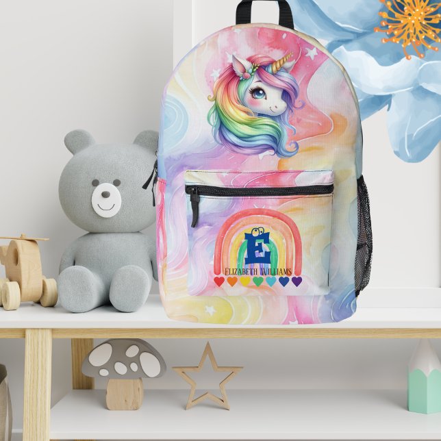 Sac À Dos Imprimé Aquarelle Cute Rainbow Unicorn Nom du monogramme (Créateur téléchargé)