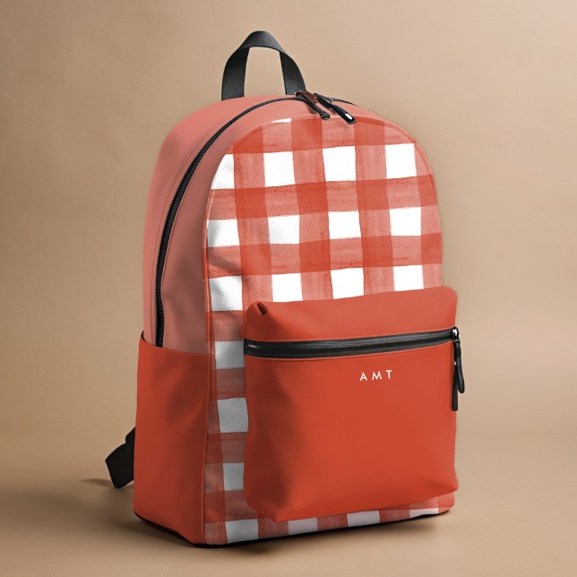 Sac À Dos Imprimé Aquarelle En vichy rouge Nom personnalisé Initiale (Red and white watercolor gingham personalized school backpack.)