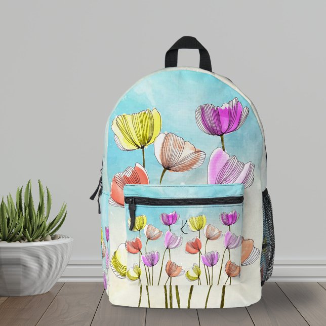 Sac À Dos Imprimé Aquarelle Fleurs florissantes avec lignes noires f (Créateur téléchargé)