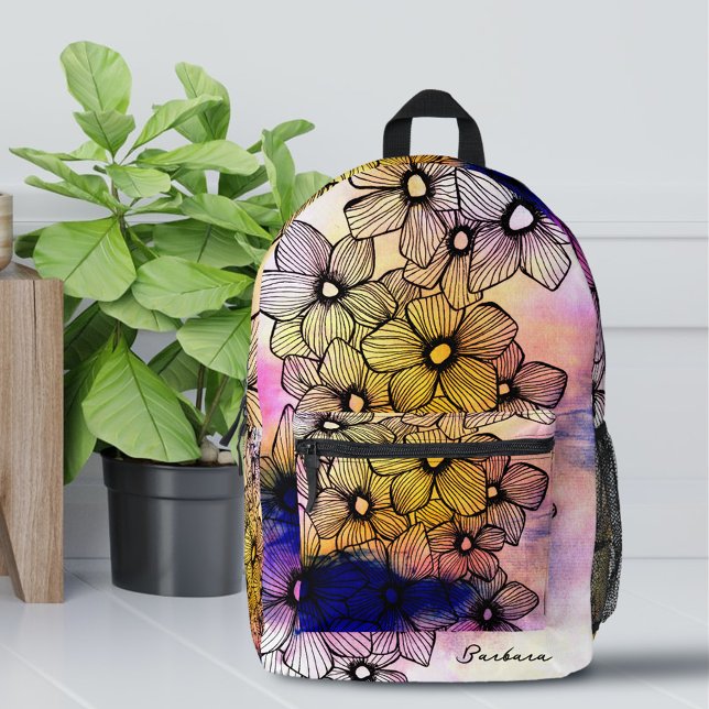 Sac À Dos Imprimé Aquarelle Fleurs florissantes avec lignes noires f (Créateur téléchargé)