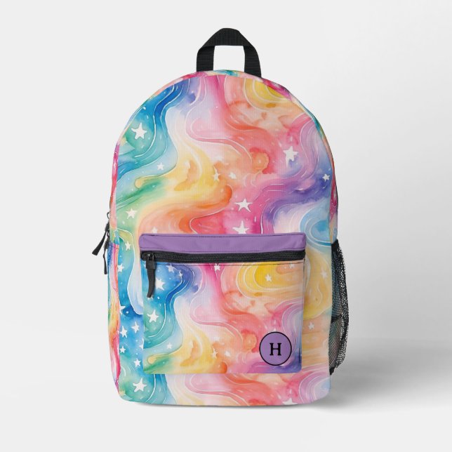 Sac À Dos Imprimé Aquarelle funky Rainbow Galaxy Monogramme (Recto)