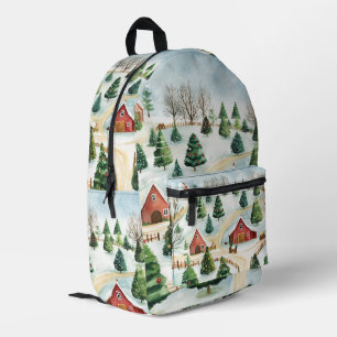 Sac À Dos Imprimé Aquarelle Hiver Paysage rustique avec Fir Trees