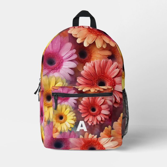 Sac À Dos Imprimé Aquarelle initiale personnalisée Fleurs Gerbera (Recto)