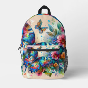 Sac À Dos Imprimé Aquarelle Papillon Floral Fleur Bleu rose