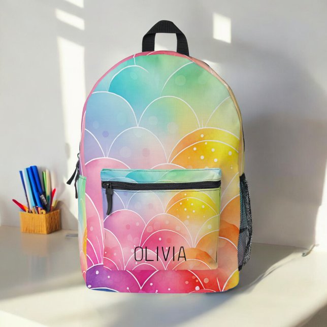 Sac À Dos Imprimé Aquarelle Pastel Rainbow Cute Monogram (Créateur téléchargé)