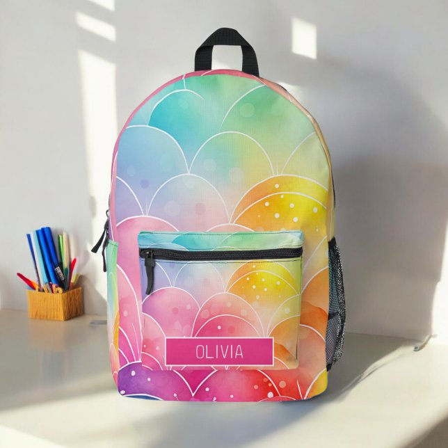 Sac À Dos Imprimé Aquarelle Pastel Rainbow Cute Monogram (Créateur téléchargé)