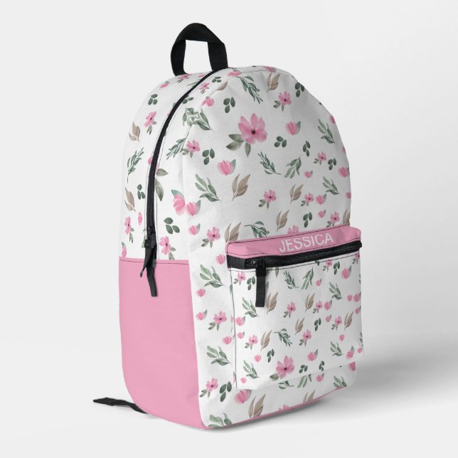 Sac À Dos Imprimé Aquarelle rustique Fleurs roses Nom personnalisé (Coin arrière gauche)