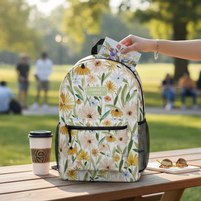 Sac À Dos Imprimé Aquarelle rustique Fleurs sauvages Nom personnalis (Créateur téléchargé)
