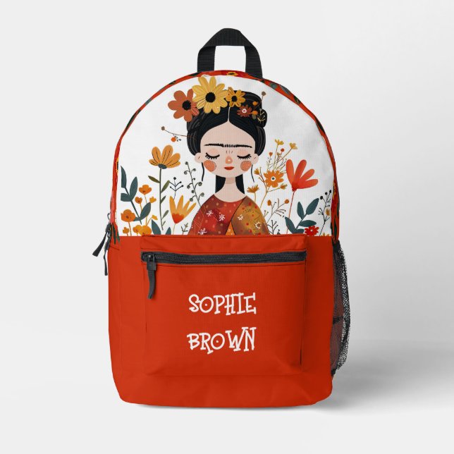 Sac À Dos Imprimé Aquarelle Whimsical Frida Kahlo avec le nom Orange (Recto)