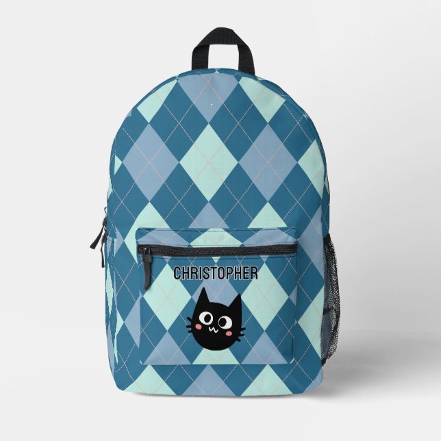 Sac À Dos Imprimé Argyle Bleu, Chat Noir Personnalisé (Recto)