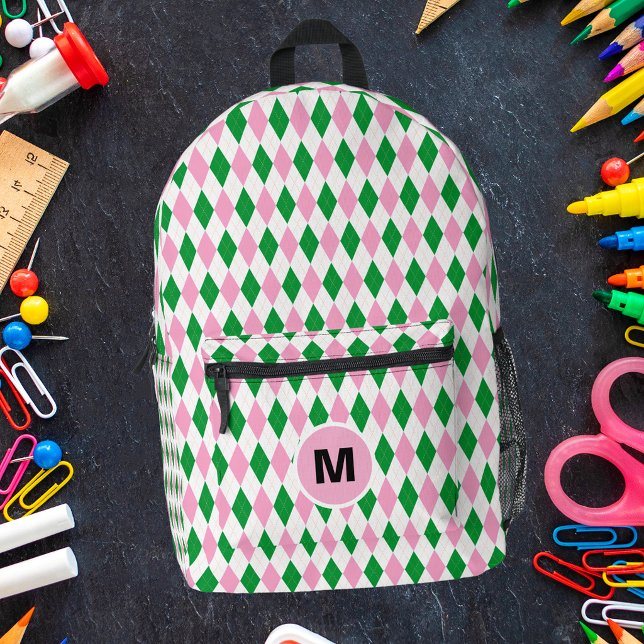 Sac À Dos Imprimé Argyle Préparatoire Rétro Rose Et Vert Monogramme (Créateur téléchargé)