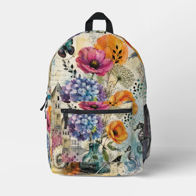 Sac À Dos Imprimé Art de collage mixte botanique vibrant (Recto)