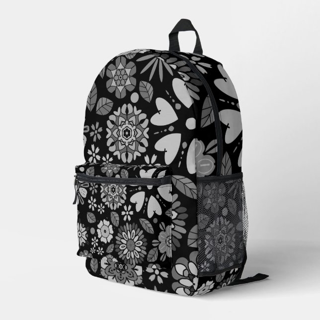 Sac À Dos Imprimé Art Floral Noir Et Gris Rétro Motif sans couture (Coin arrière droit)