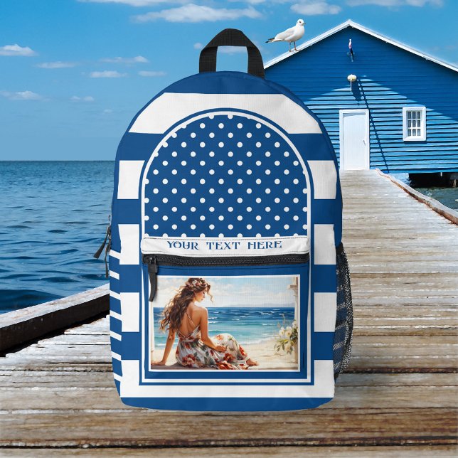 Sac À Dos Imprimé Artistic Rétro Nautique (Nautical navy blue and white backpack featuring a striped design with polka dots and your photo)