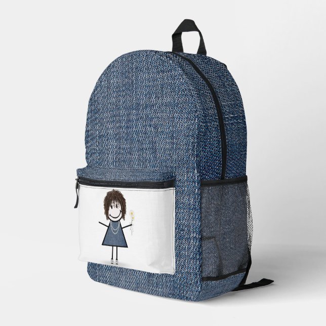 Sac À Dos Imprimé Baguette Figure Girl avec marguerites et Denim ble (Coin arrière droit)