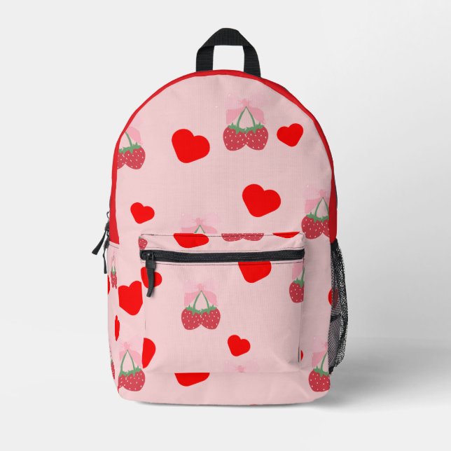 Sac À Dos Imprimé Baies roses et coeurs roses et rouges (Recto)