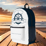 Sac À Dos Imprimé Bateau personnalisé Capitaine Vintage roue nautiqu<br><div class="desc">Un sac à dos personnalisé chic pour capitaine de bateau pour une compagnie de paquebot avec un volant bleu marine. Ce design nautique vintage est parfait pour un timonier près de la plage. Personnalisez avec votre nom.</div>
