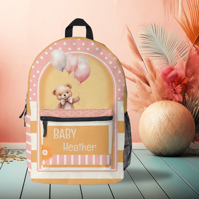 Sac À Dos Imprimé Bébé à ours rose orange rétro (Backpack featuring a retro striped design with polka dots and a cute bear in pink and orange colors)
