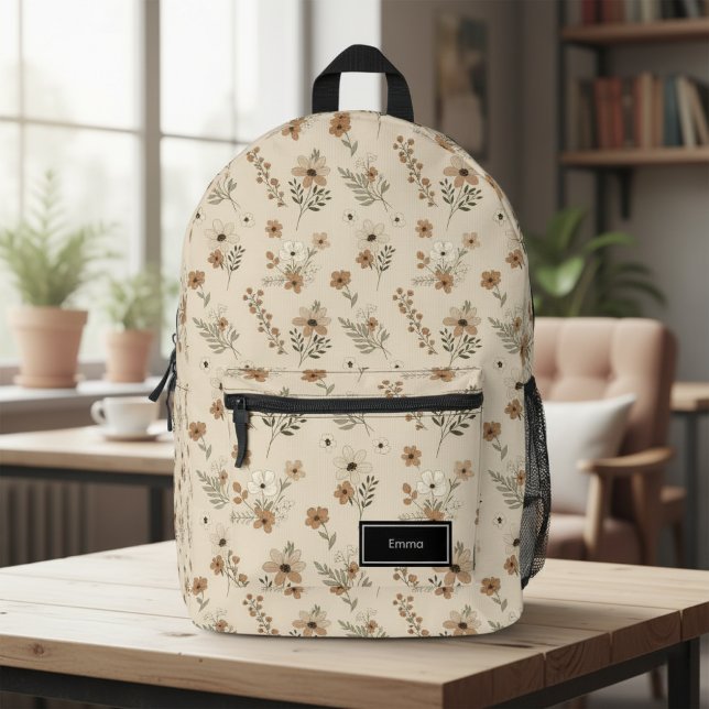 Sac À Dos Imprimé Beige Floral Backpack for Her, Customizable (Créateur téléchargé)