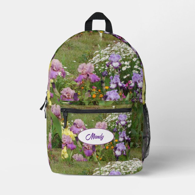 Sac À Dos Imprimé Belle Fleur d'Iris Violet Nom floral de Fille (Recto)