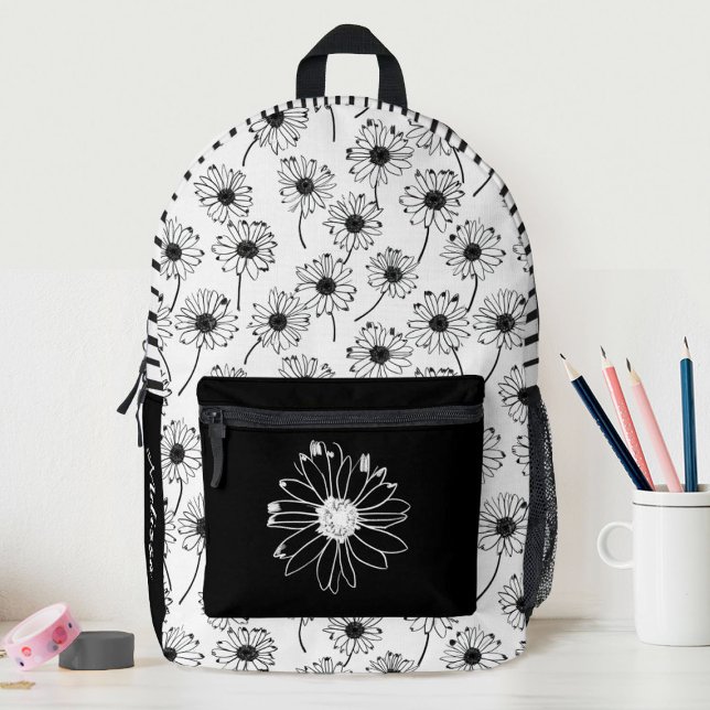 Sac À Dos Imprimé Black White Floral Daisy Girls School (A cute black and white daisy pattern decorates this school backpack. Personalize it for your girl.)