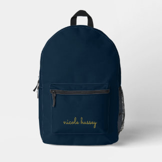 Sac À Dos Imprimé Bleu Nuit Or Script | Monogramme Moderne Élégant