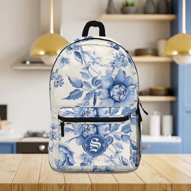 Sac À Dos Imprimé Blue Floral French Toile Chinoiserie Personnalisée (Blue Floral French Toile Chinoiserie Personalized Printed Backpack)