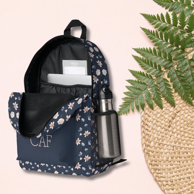 Sac À Dos Imprimé Blush Rose Navy Bleu Floral Fleurs Monogramme (Navy Blue and Blush Pink Floral Flowers Monogrammed Initials name Personalized Back Pack)