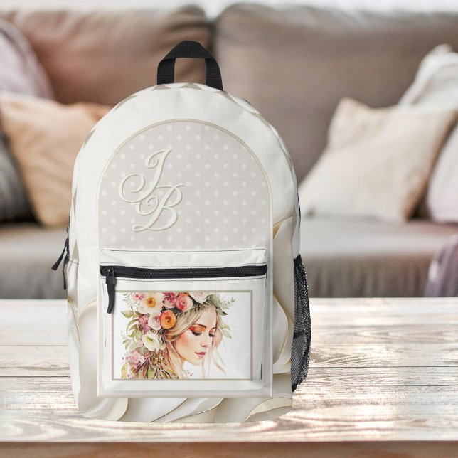 Sac À Dos Imprimé Boho Chic Élégant Monogramme (Backpack featuring a watercolor illustration (or your custom photo) on tan ivory with your monogram)