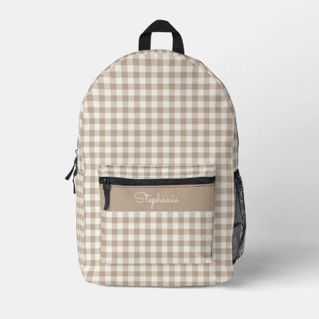 Sac À Dos Imprimé Boho Gingham Pattern Plaid Checkered Neutral Name (Recto)